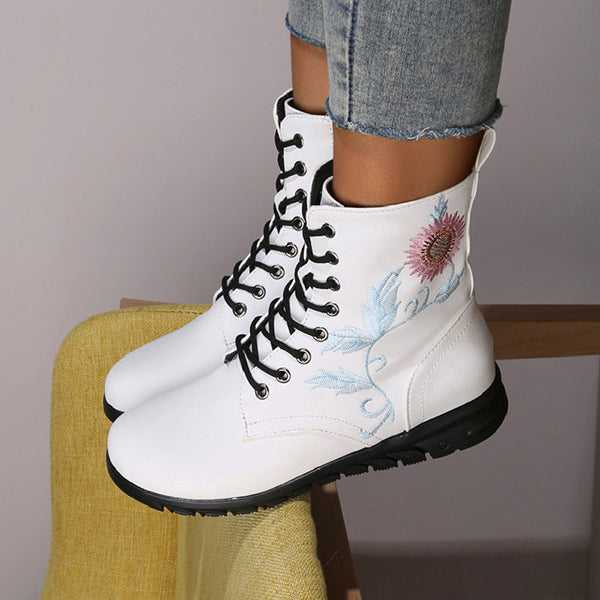 Round Toe Flower Embroidery Flat Ankle Boots