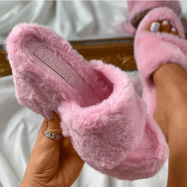 Round Toe Fluffy Wedge Slippers