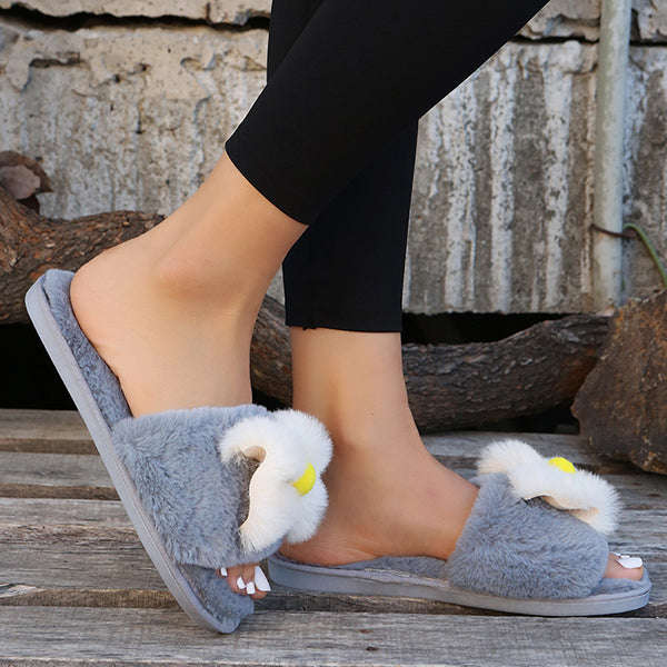 Round Toe Fur Bownot Flat Slippers