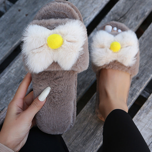 Round Toe Fur Bownot Flat Slippers