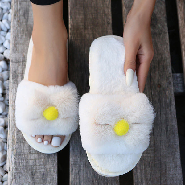 Round Toe Fur Bownot Flat Slippers