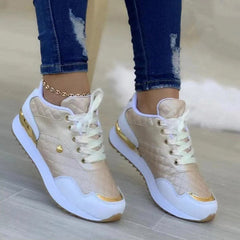 Round Toe Gold Sequin Embellished Lace-Up Sneakers