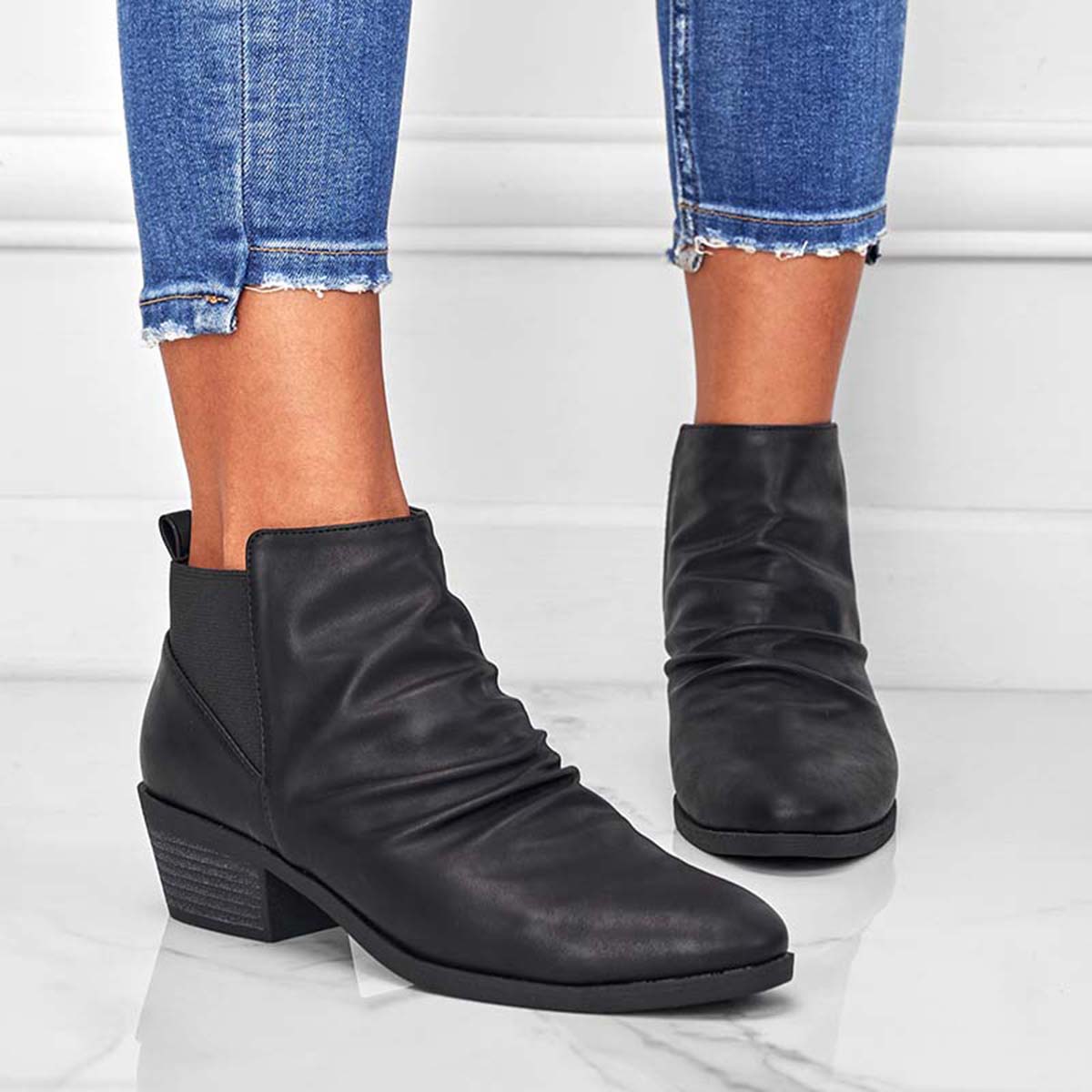 Round Toe Ruched Booties Stacked Block Heel Ankle Boots