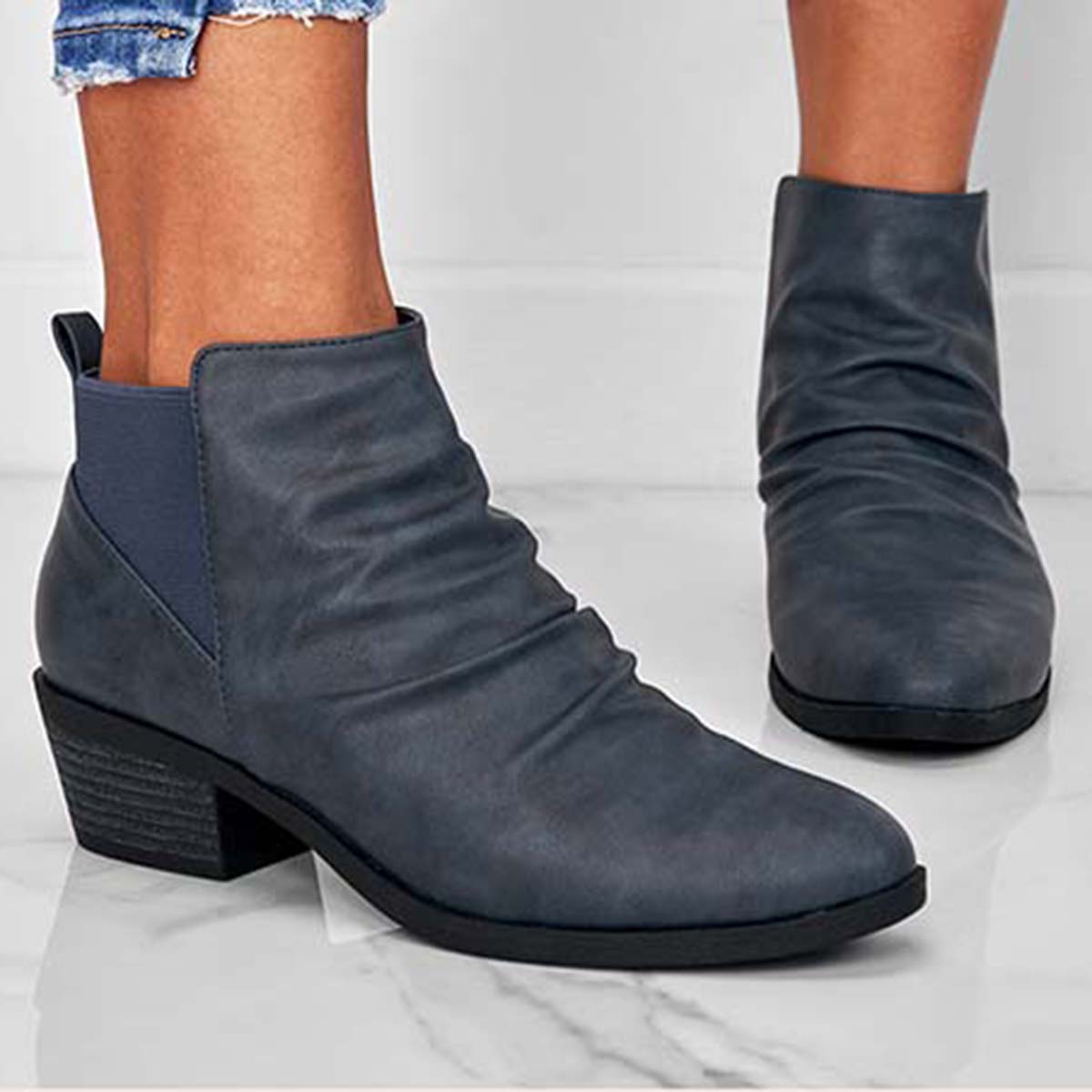 Round Toe Ruched Booties Stacked Block Heel Ankle Boots