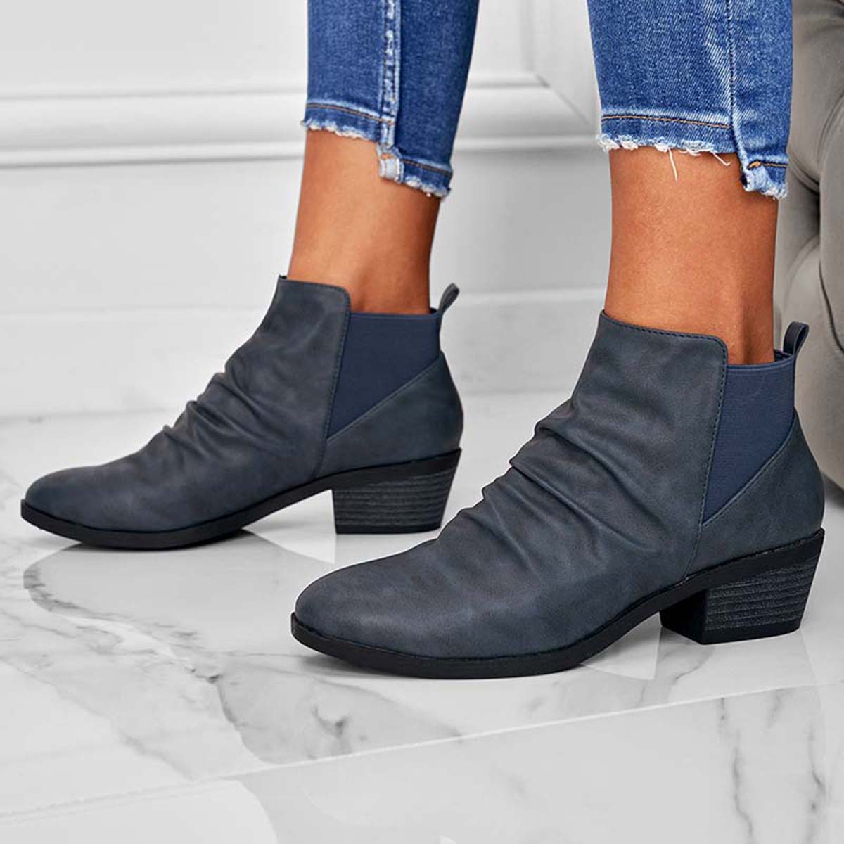 Round Toe Ruched Booties Stacked Block Heel Ankle Boots