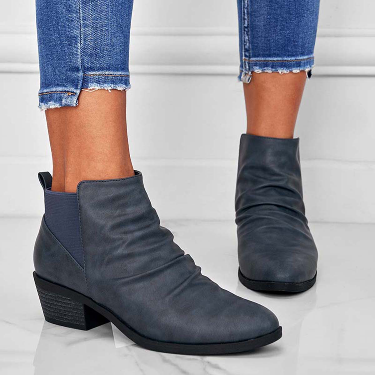 Round Toe Ruched Booties Stacked Block Heel Ankle Boots