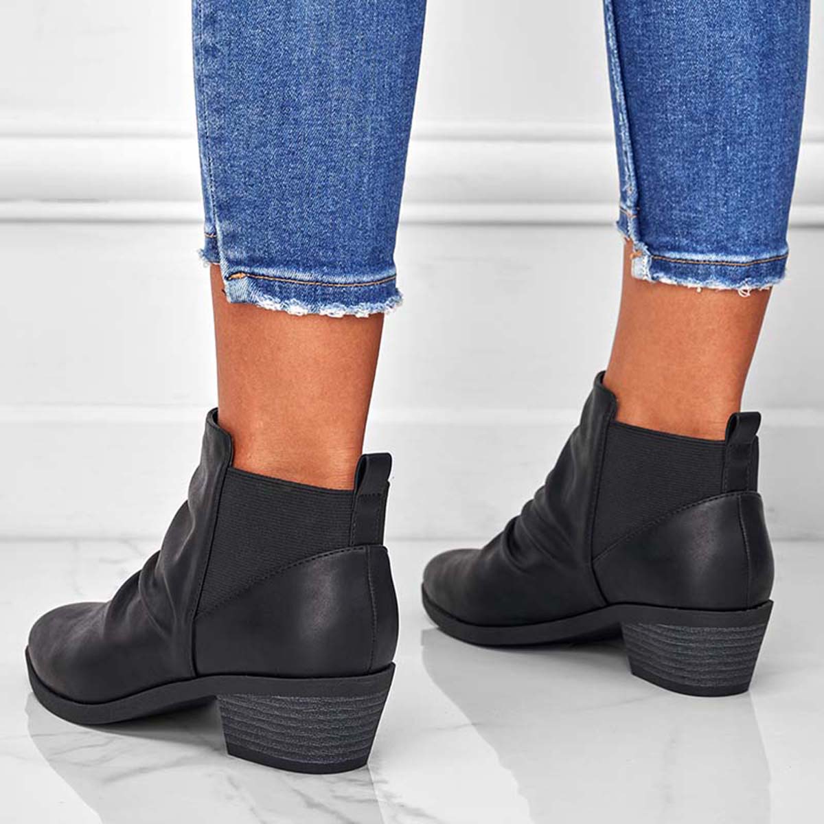 Round Toe Ruched Booties Stacked Block Heel Ankle Boots