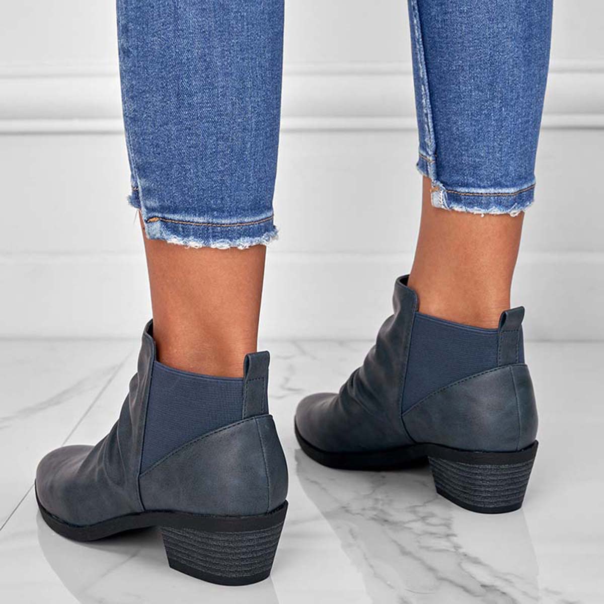 Round Toe Ruched Booties Stacked Block Heel Ankle Boots