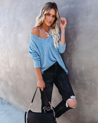 Roza V-Neck Ribbed Knit Top - Blue