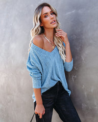 Roza V-Neck Ribbed Knit Top - Blue