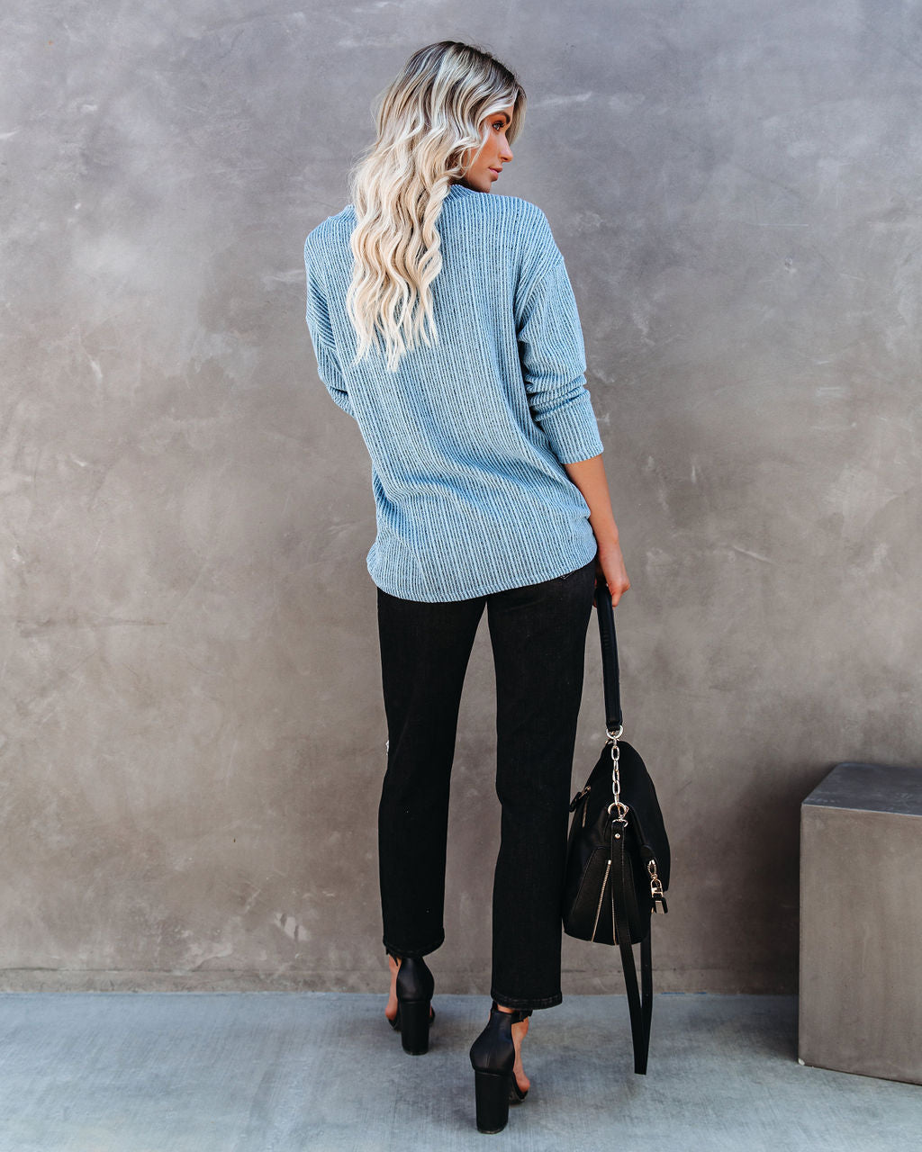 Roza V-Neck Ribbed Knit Top - Blue