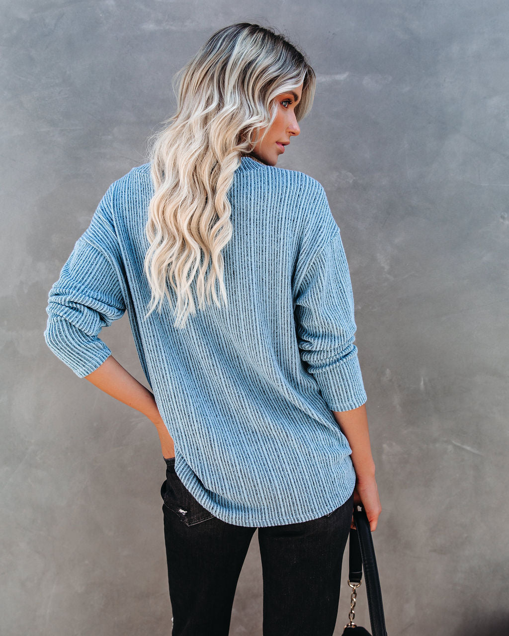 Roza V-Neck Ribbed Knit Top - Blue