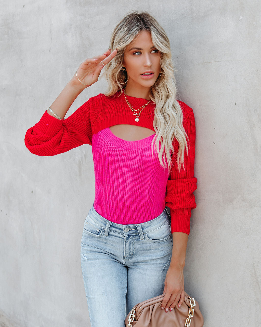 Rozie Colorblock Crop Knit Cutout Sweater - Red Pink