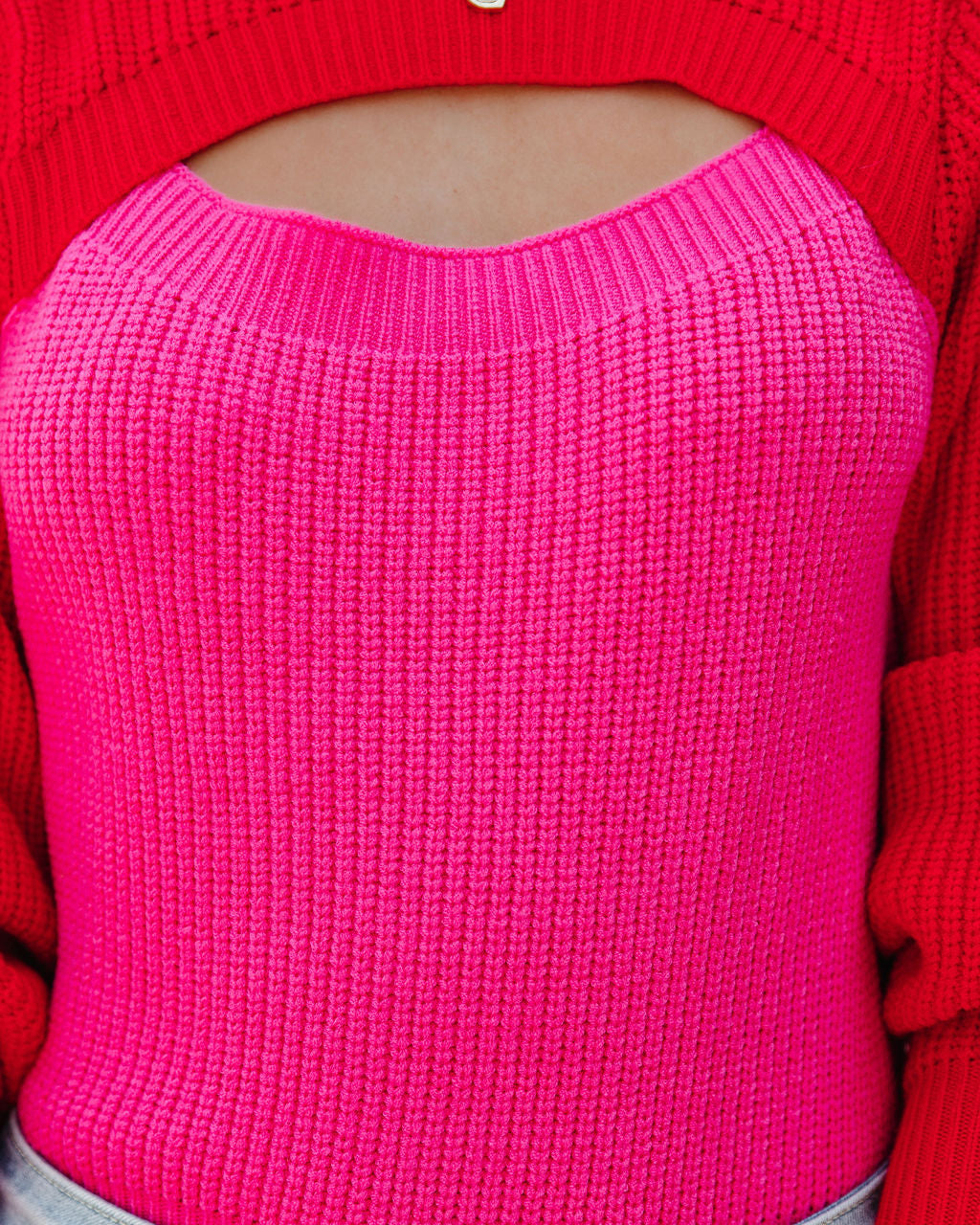 Rozie Colorblock Crop Knit Cutout Sweater - Red Pink