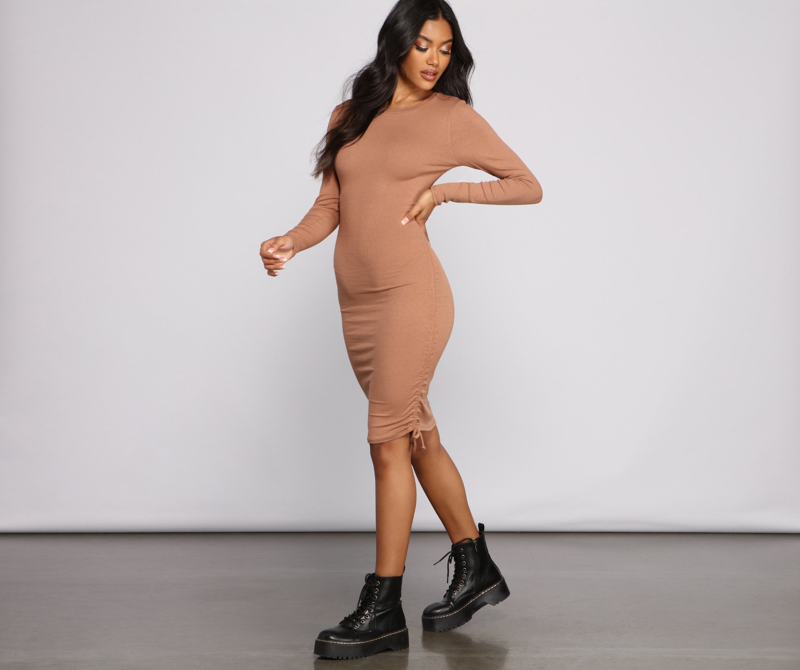 Ruched And Ribbed Knit Crew Neck Mini Dress