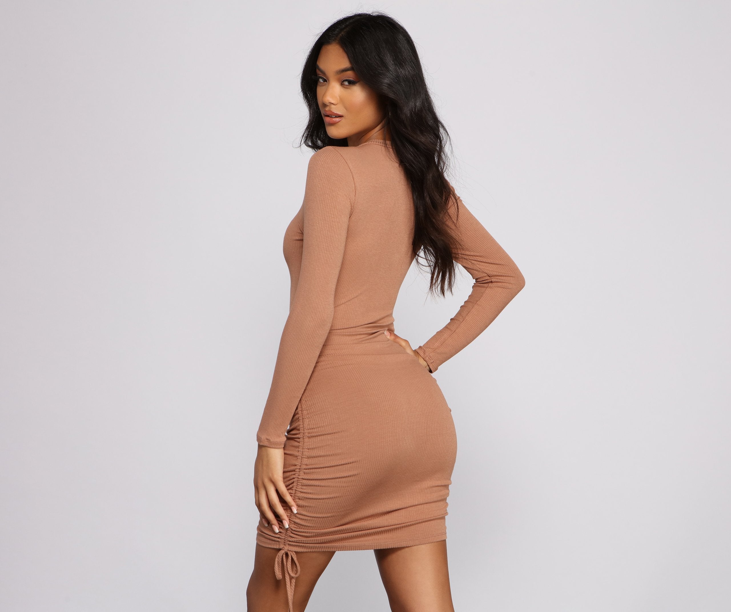 Ruched And Ribbed Knit Crew Neck Mini Dress