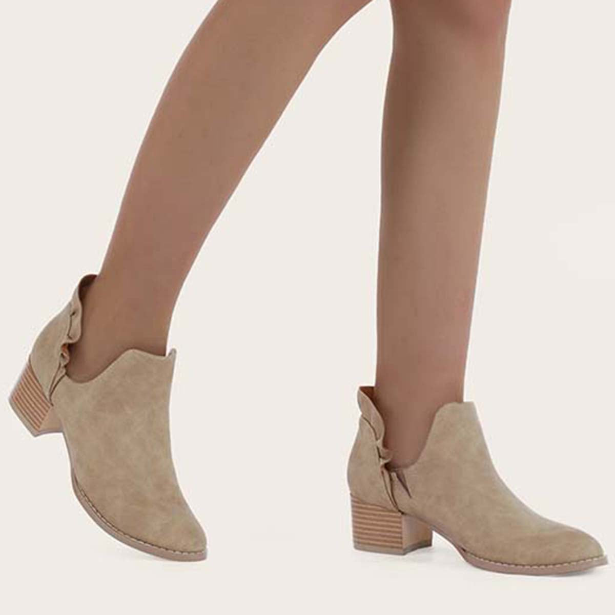 Ruffle Cutout Ankle Boots Slip on Chunky Stacked Heel Booties