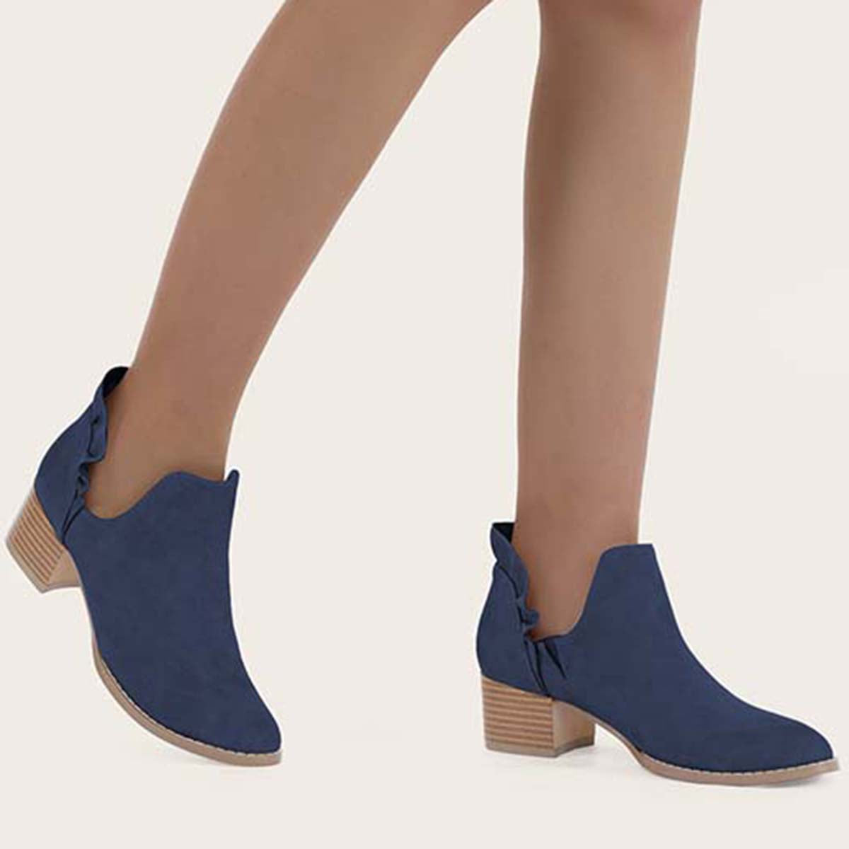 Ruffle Cutout Ankle Boots Slip on Chunky Stacked Heel Booties