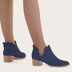 Ruffle Cutout Ankle Boots Slip on Chunky Stacked Heel Booties