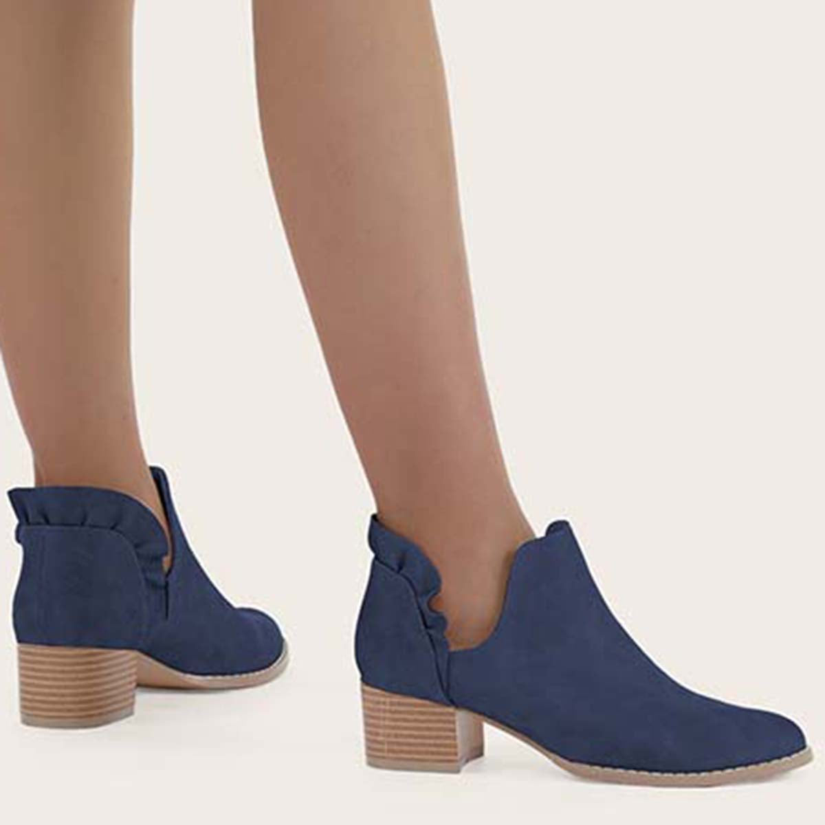 Ruffle Cutout Ankle Boots Slip on Chunky Stacked Heel Booties