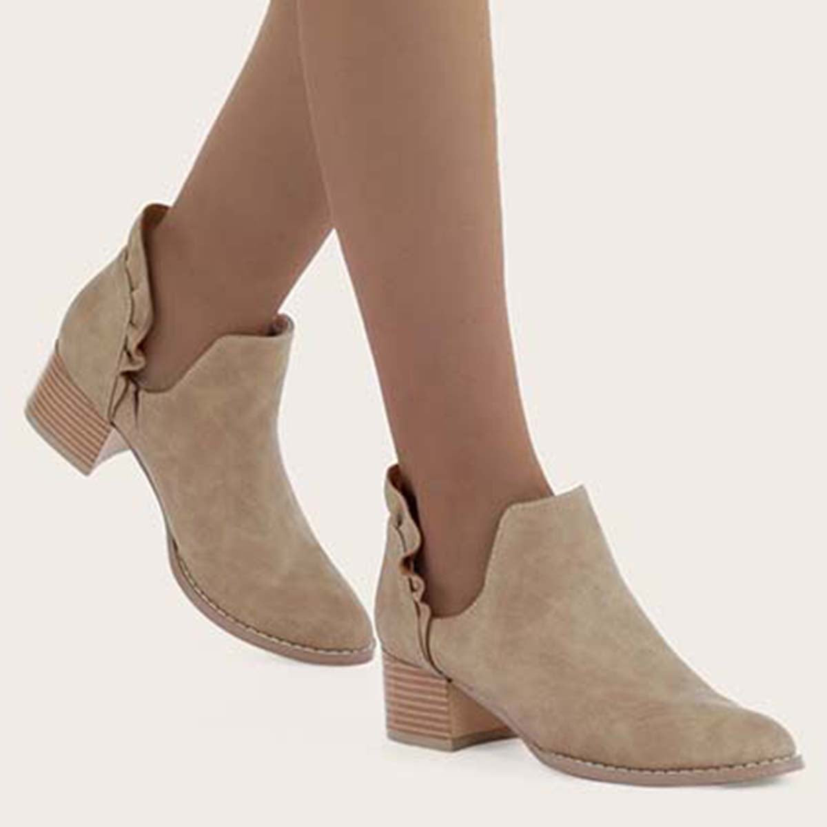 Ruffle Cutout Ankle Boots Slip on Chunky Stacked Heel Booties