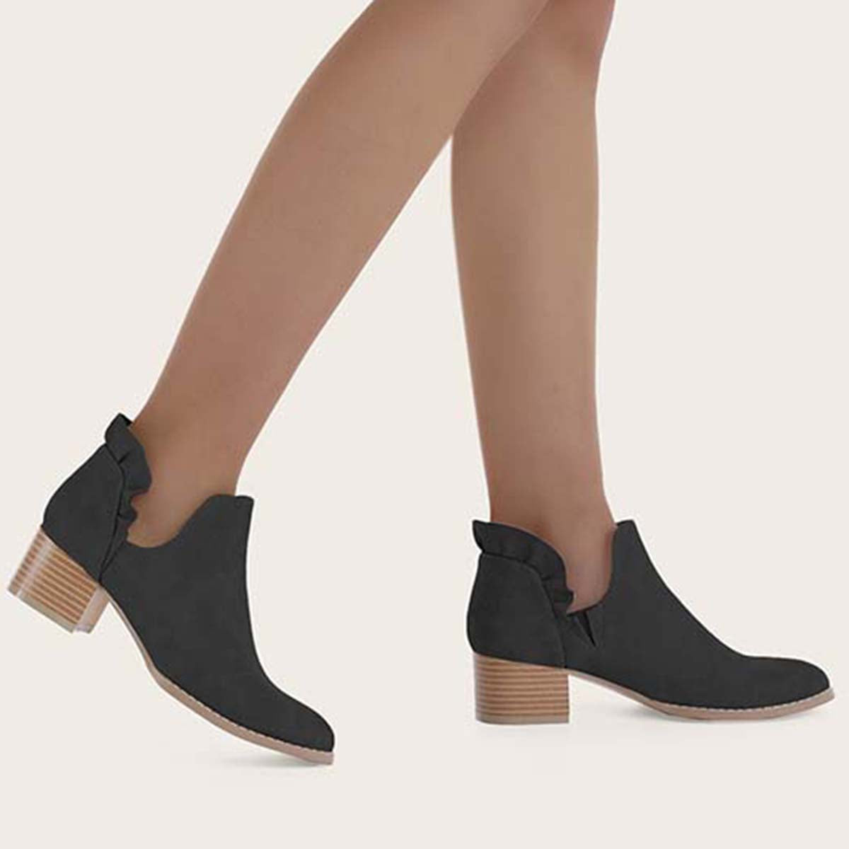 Ruffle Cutout Ankle Boots Slip on Chunky Stacked Heel Booties