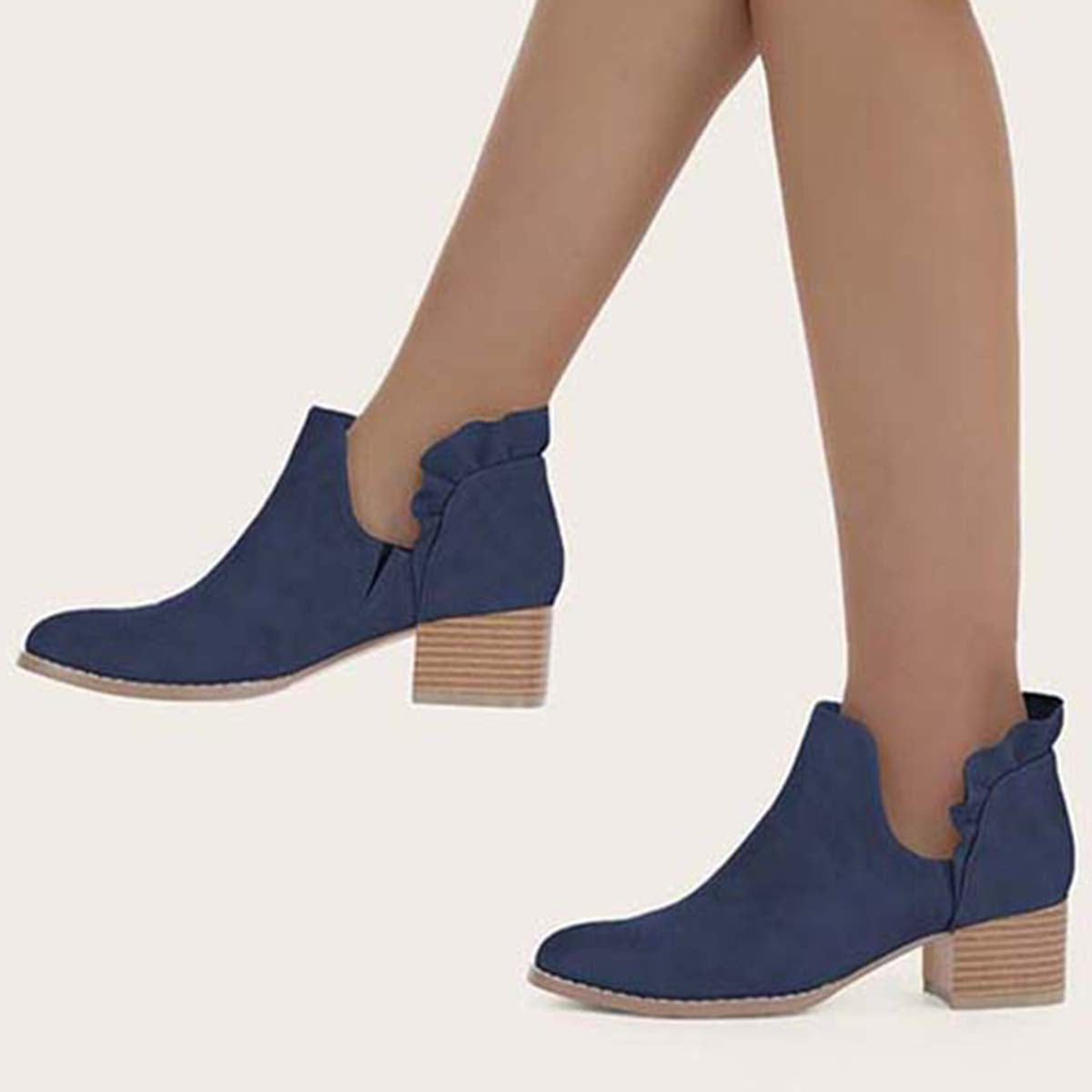 Ruffle Cutout Ankle Boots Slip on Chunky Stacked Heel Booties