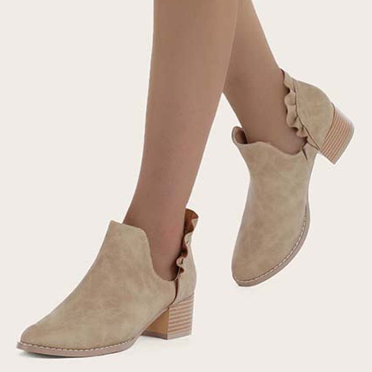 Ruffle Cutout Ankle Boots Slip on Chunky Stacked Heel Booties