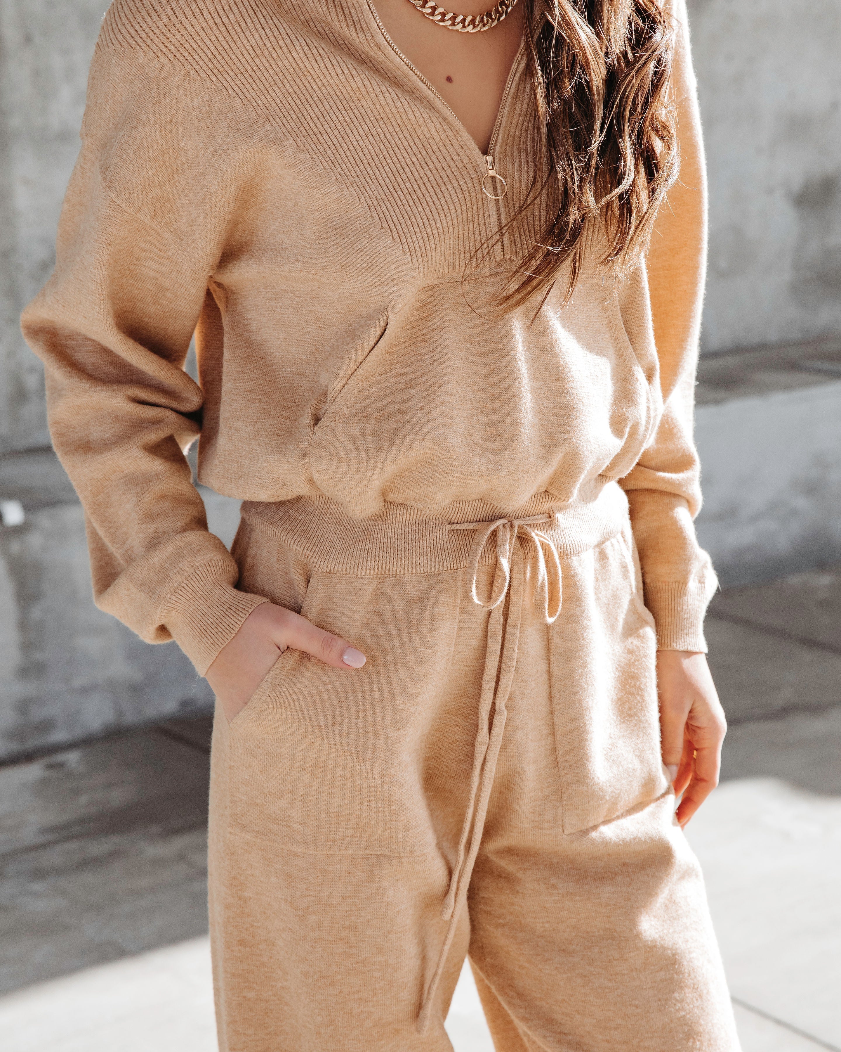 Ryker Pocketed Half Zip Knit Jumpsuit - Oatmeal