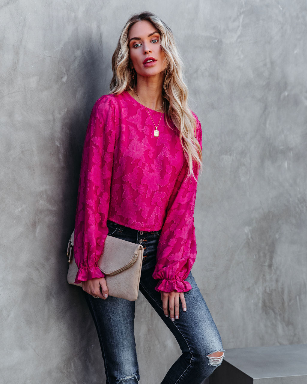 Saba Floral Textured Crop Blouse - Magenta