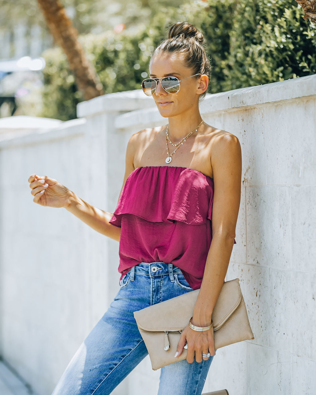 Sana Strapless Ruffle Blouse - Sangria