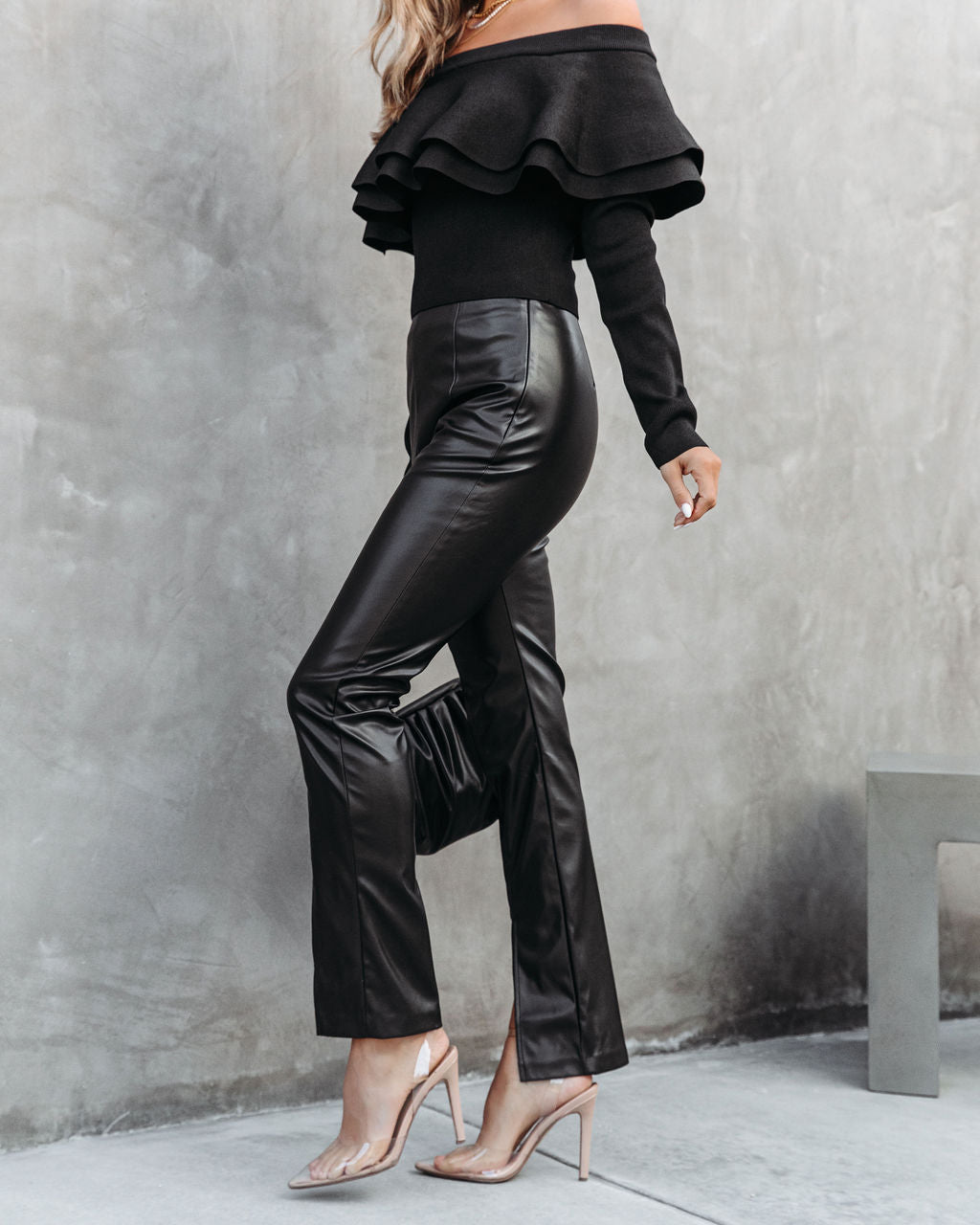 Sandra Faux Leather Split Hem Pants - Black