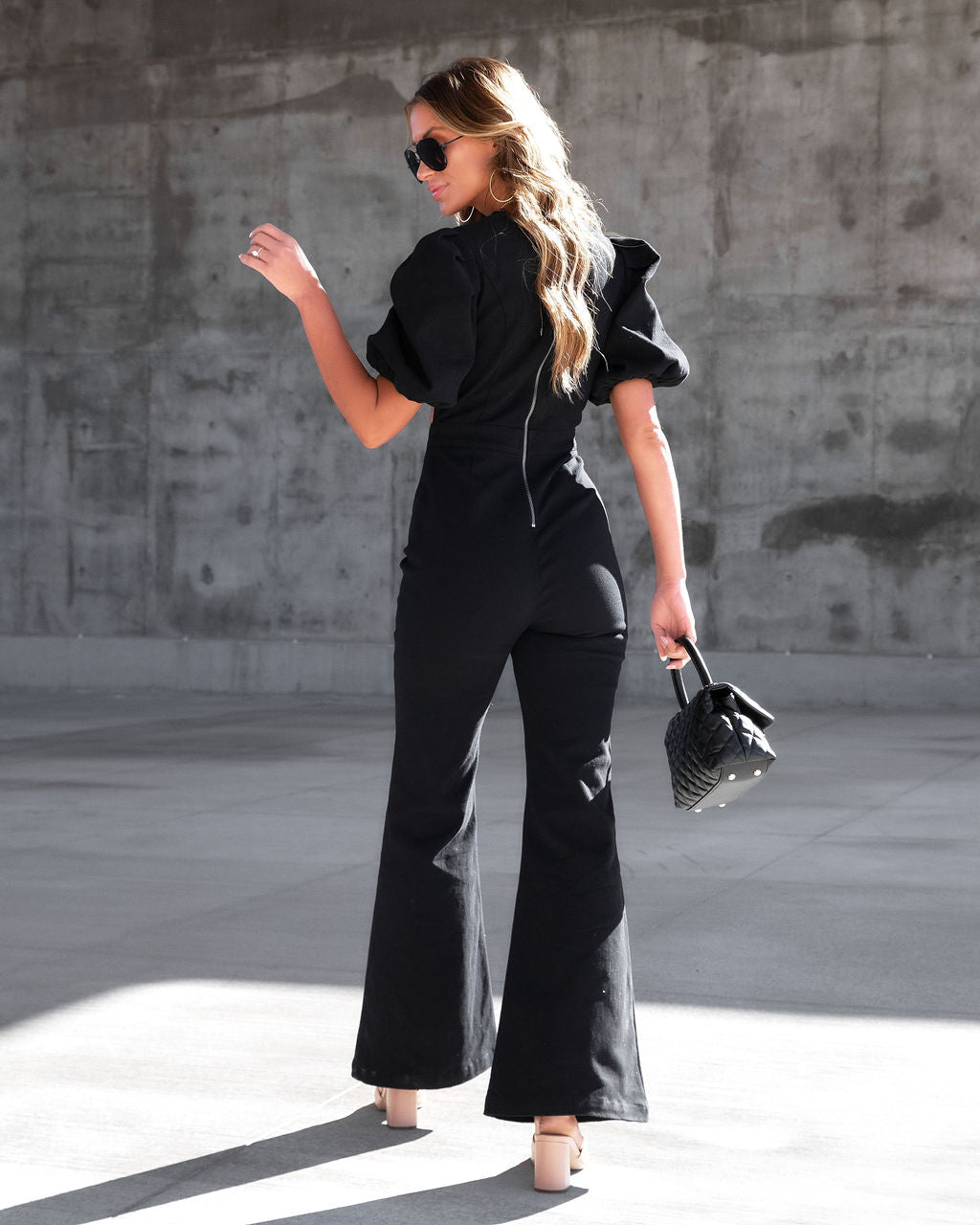 Sarah Denim Puff Sleeve Flare Jumpsuit - Black