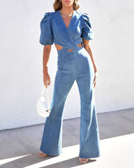 Sarah Denim Puff Sleeve Flare Jumpsuit - Blue