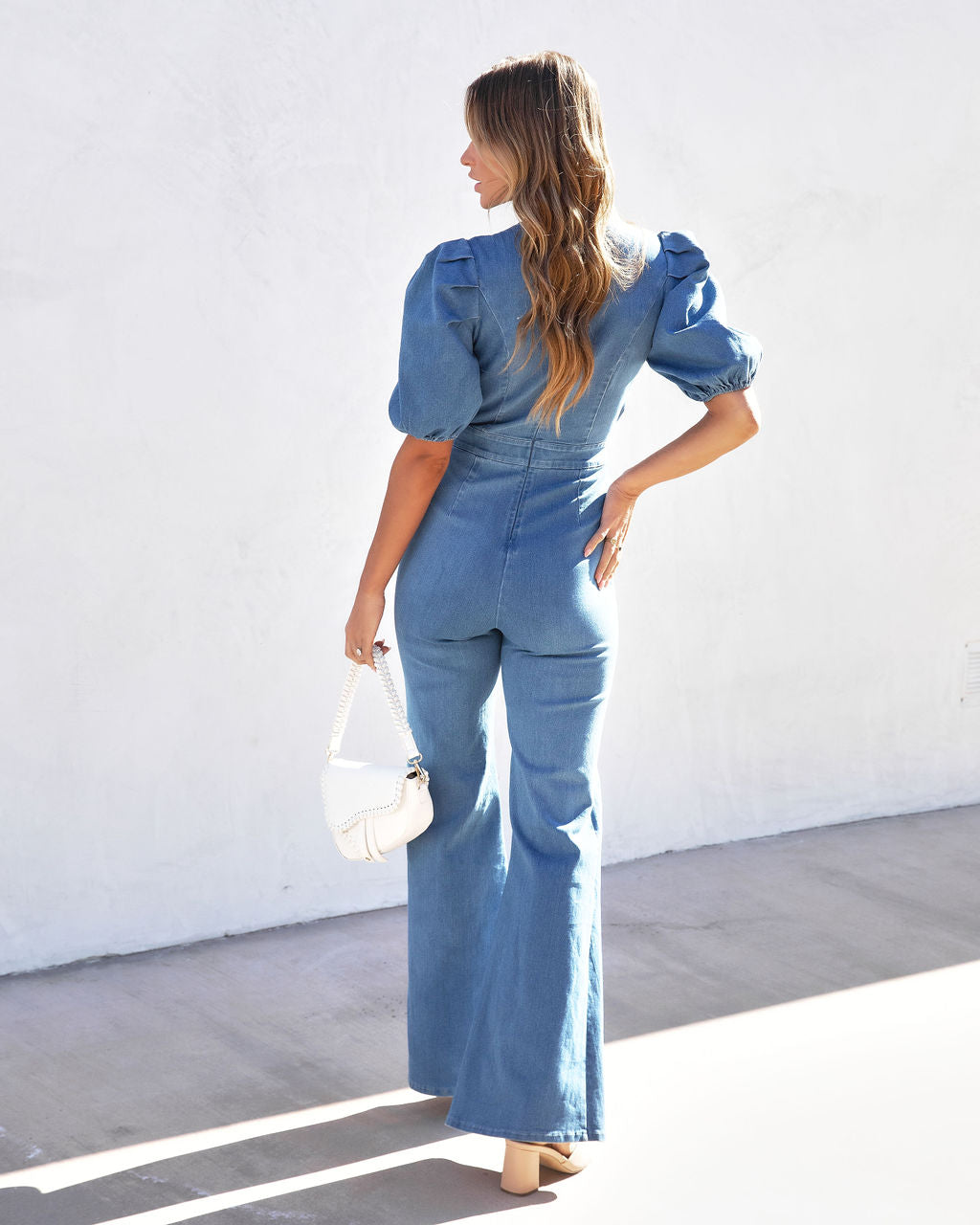 Sarah Denim Puff Sleeve Flare Jumpsuit - Blue