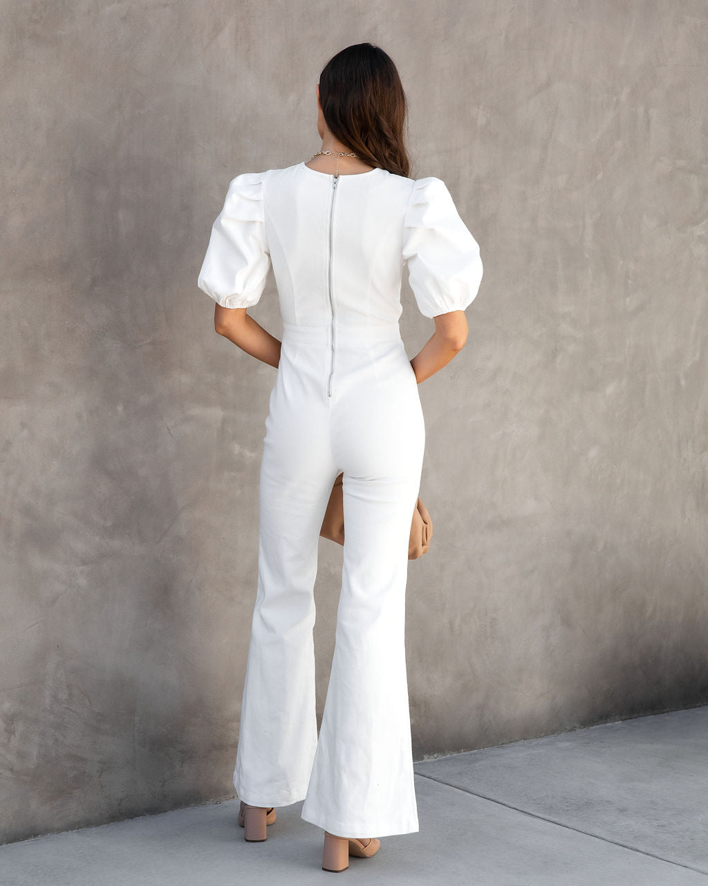 Sarah Denim Puff Sleeve Flare Jumpsuit - White