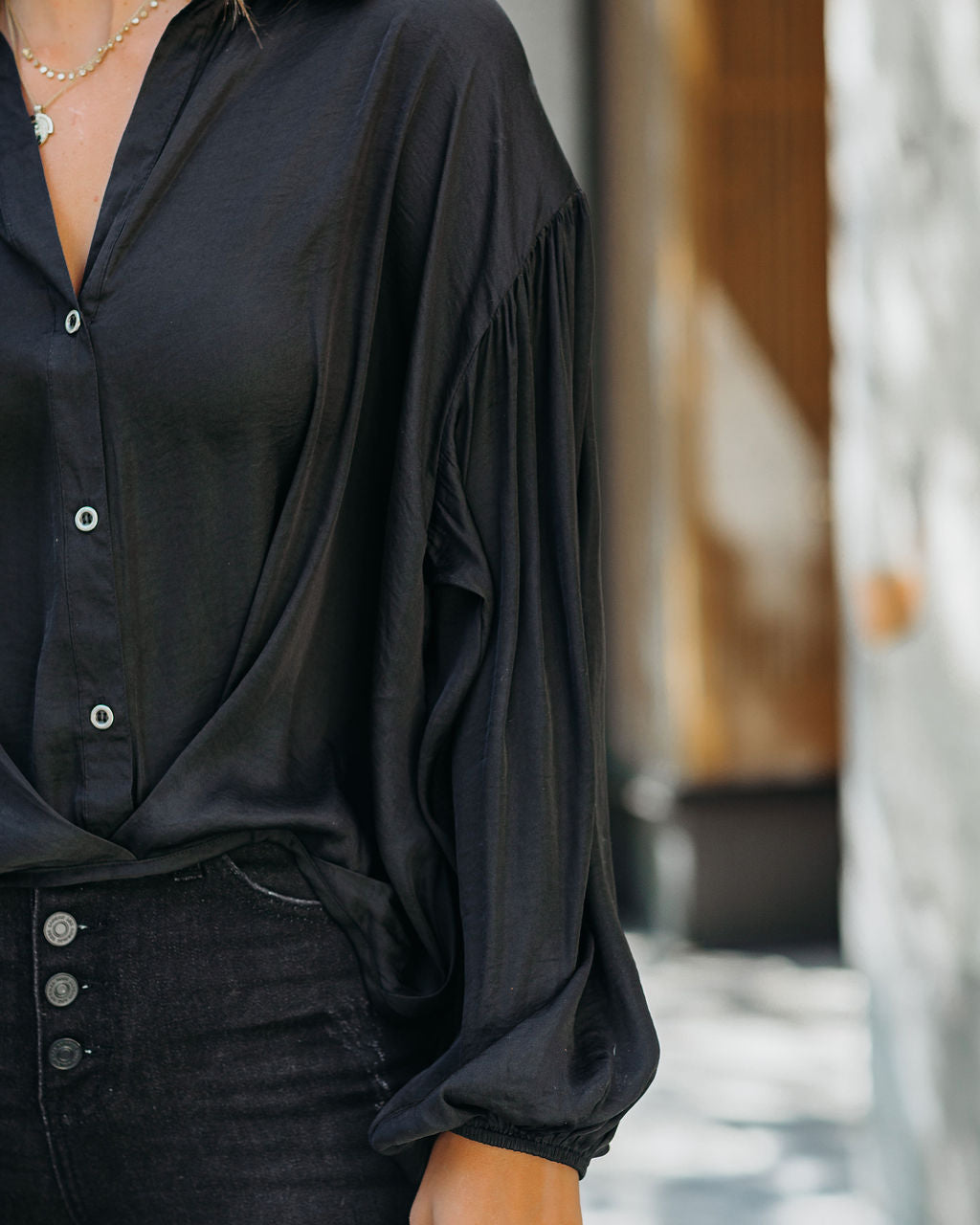 Sarah Satin Button Down Blouse - Black