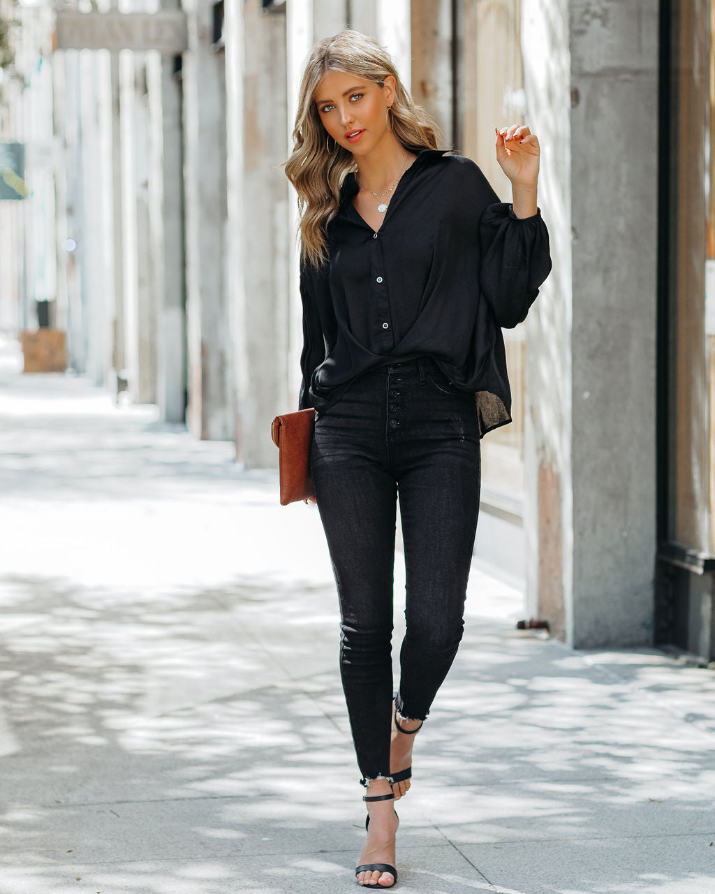 Sarah Satin Button Down Blouse - Black