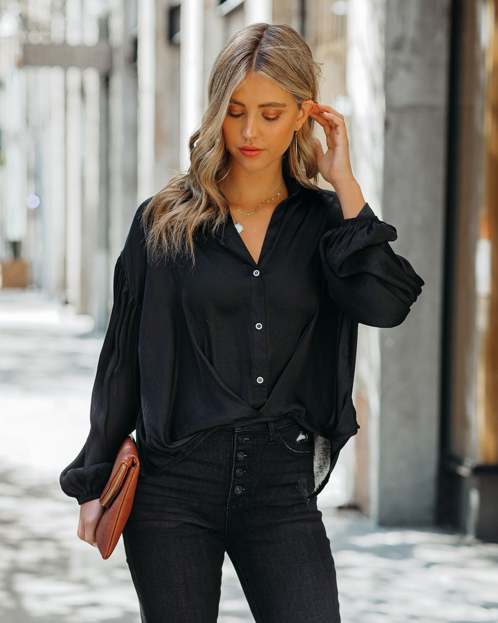 Sarah Satin Button Down Blouse - Black