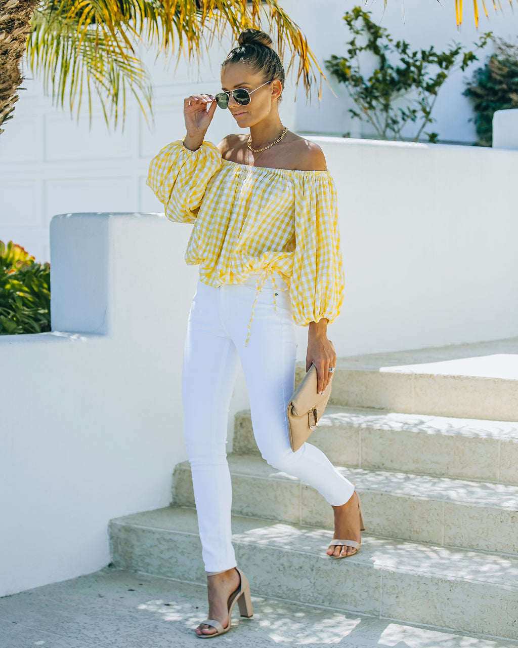 Saskia Gingham Off The Shoulder Blouse