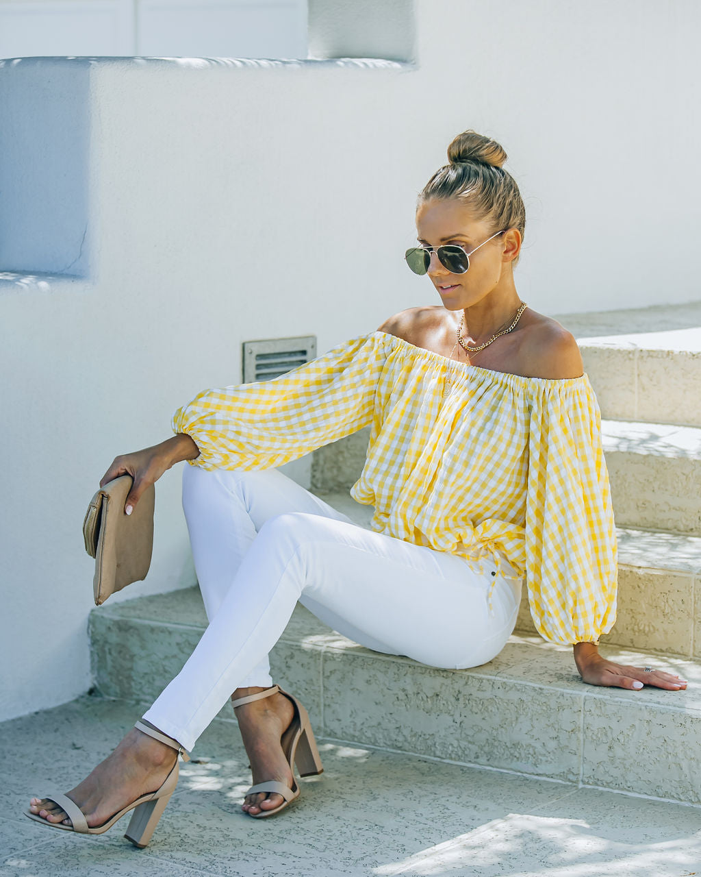 Saskia Gingham Off The Shoulder Blouse