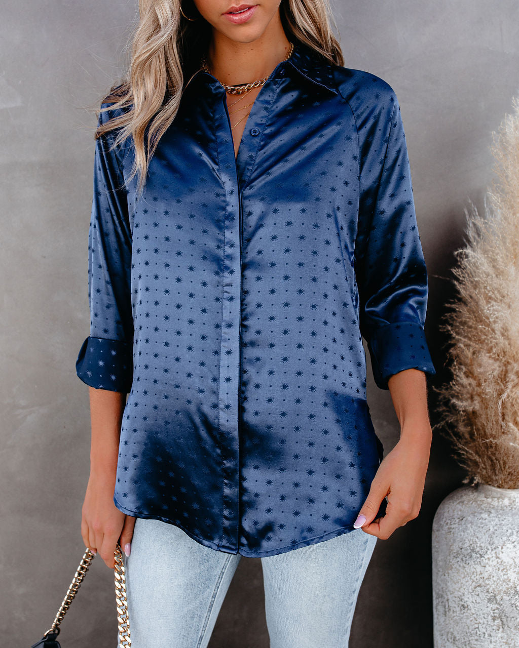 Satellite Satin Embossed Button Down Blouse