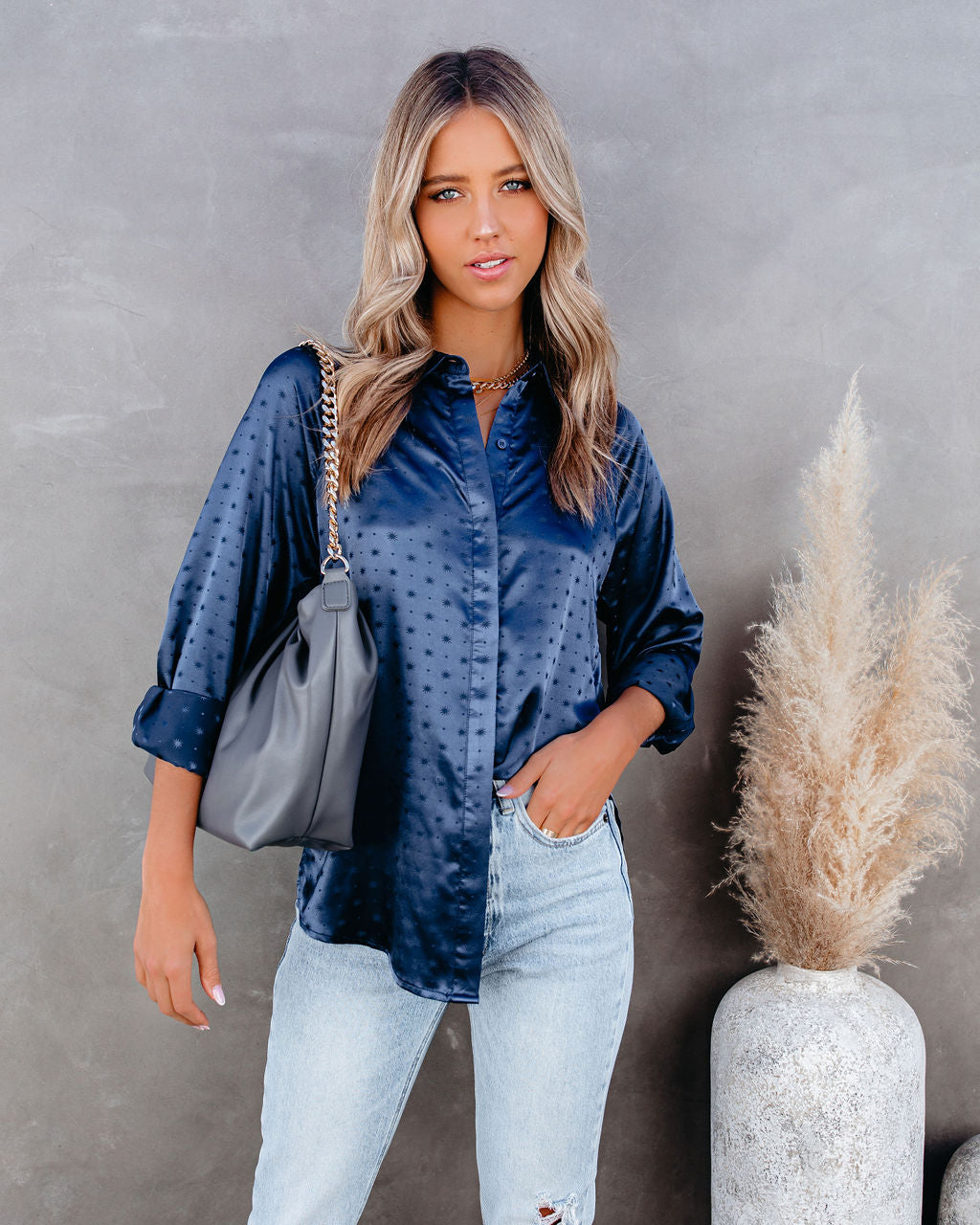 Satellite Satin Embossed Button Down Blouse