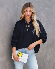 Savannah Lace Up Hooded Pullover Sweater - Black