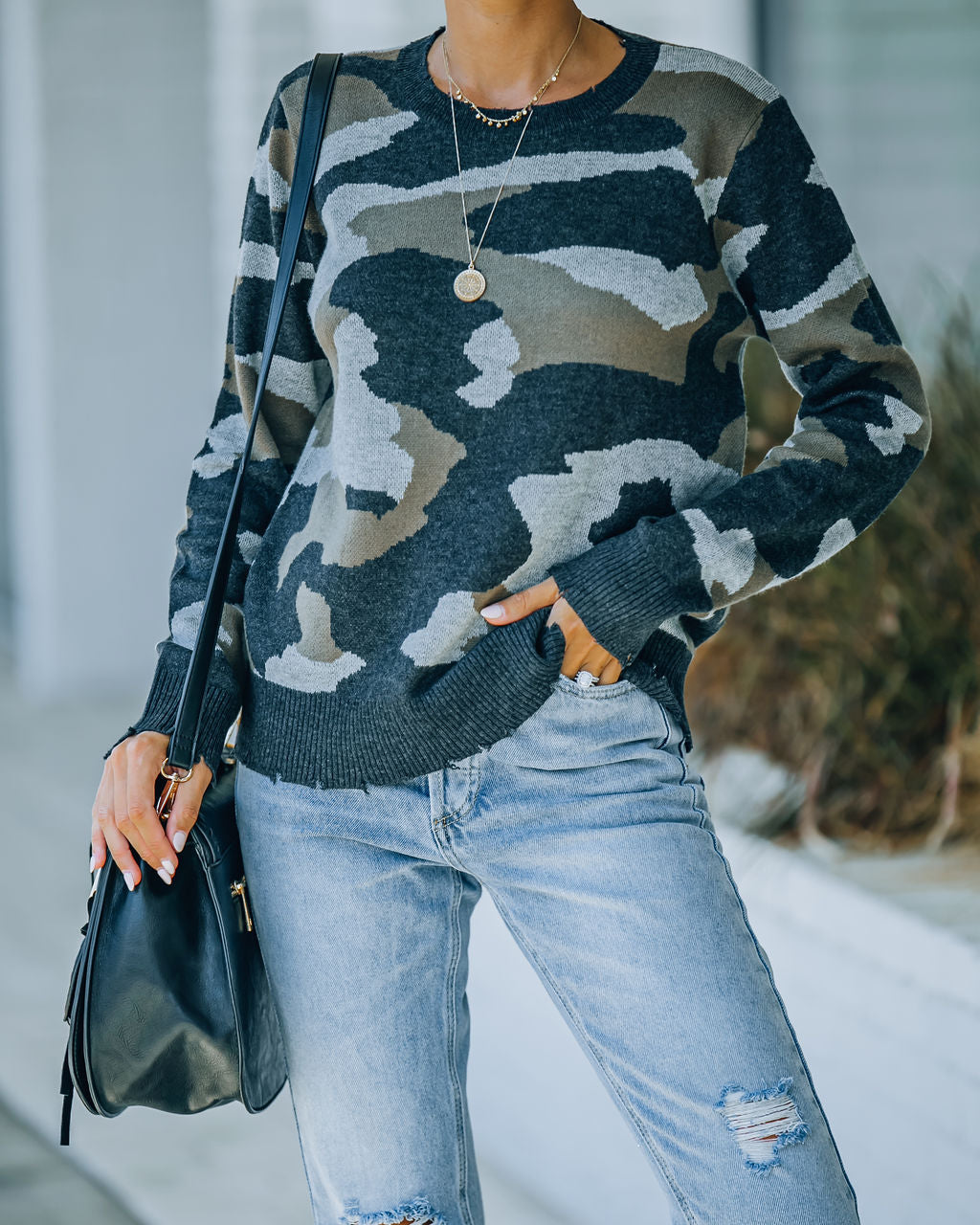 Sawyer Distressed Camo Knit Sweater