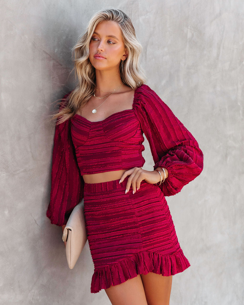 Scarlett Textured Ruffle Mini Skirt - Burgundy