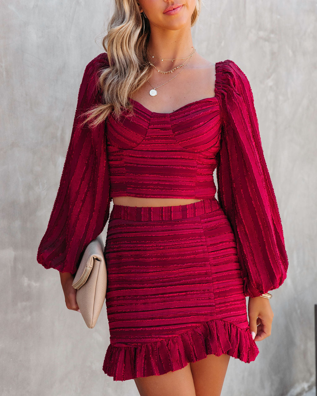 Scarlett Textured Ruffle Mini Skirt - Burgundy