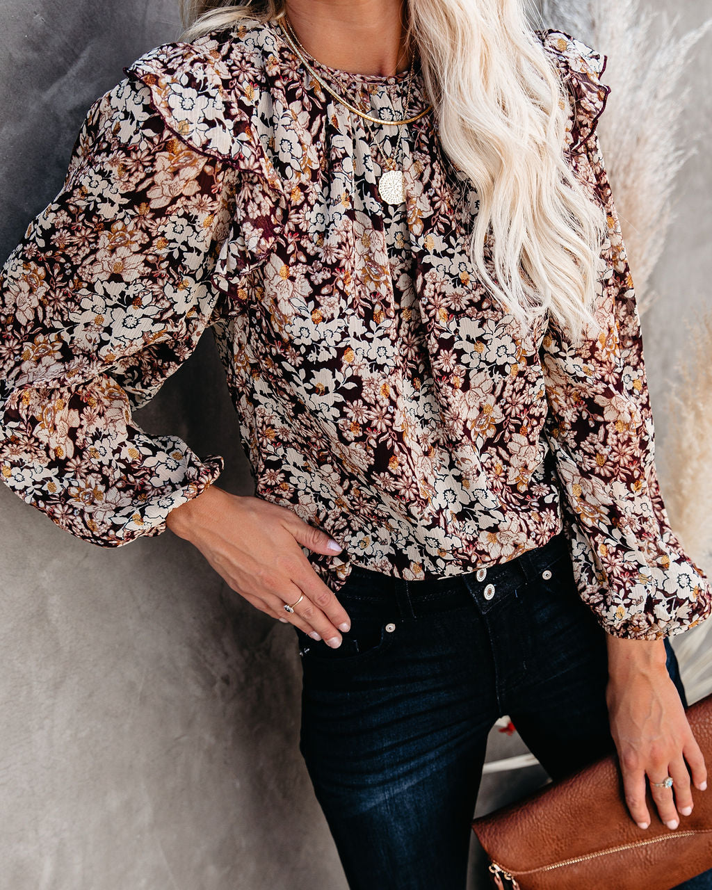 See The Sun Floral Metallic Ruffle Blouse