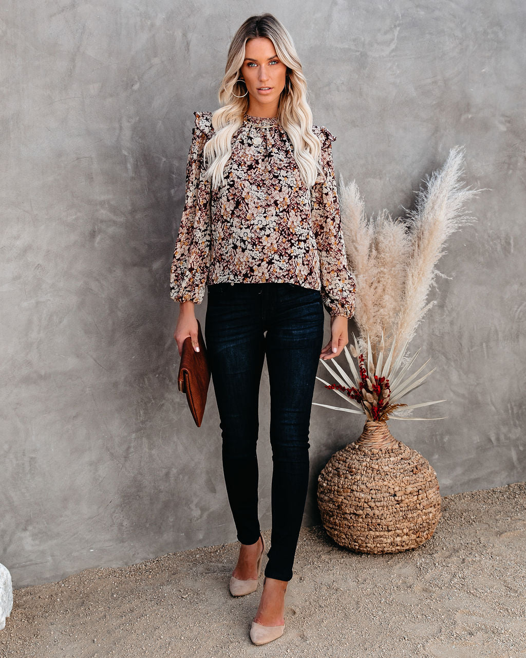 See The Sun Floral Metallic Ruffle Blouse