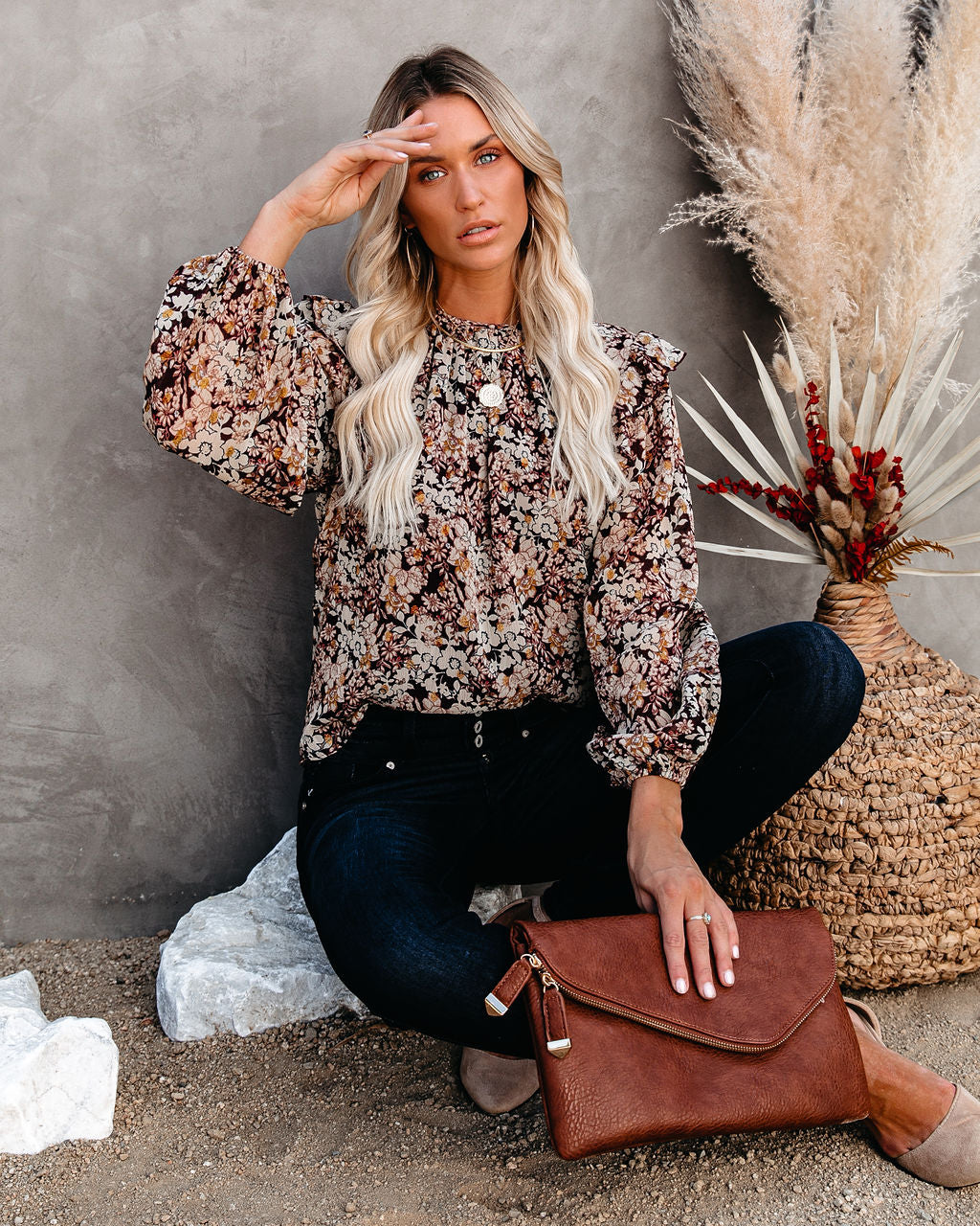 See The Sun Floral Metallic Ruffle Blouse